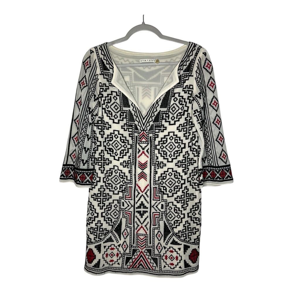 Alice + Olivia Dress Womens Small Embroidered‎ Tunic 3/4 Sleeve Caftan Lowell